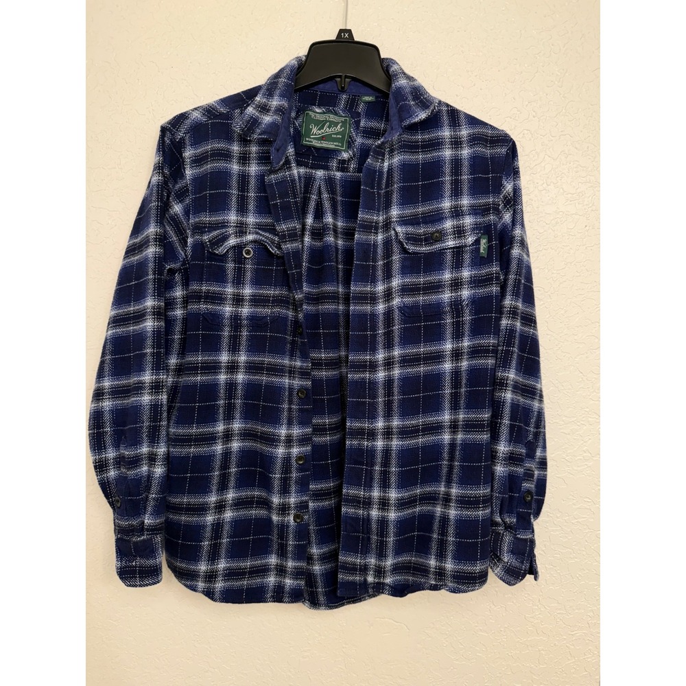Woolrich Mens Blue White Plaid Flannel Button Down Shirt Cotton Long Sleeve M